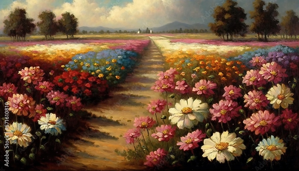 a painting of a field of flowers with a path leading to a person on a ...