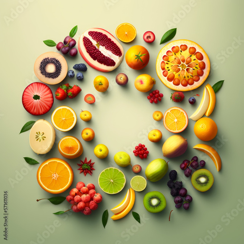 Circular arrangement of various fruits arranged in the shape of circle. Generative AI.