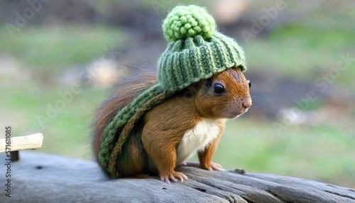  a squirrel wearing a knitted hat on top of a wooden bench in a field of grass and trees in the background is a bench.  generative ai