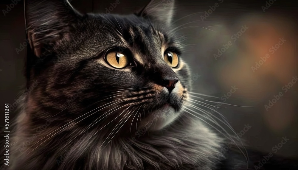  a black cat with yellow eyes staring at the camera with a blurry back ground and a black background with a blurry back ground.  generative ai