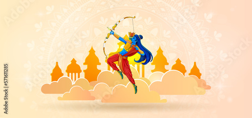 Dussehra banner concept. Imaginary character, imagination and fantasy, fairy tales. Traditional oriental festival or holiday. Lord Rama killing Ravana metaphor. Cartoon flat vector illustration