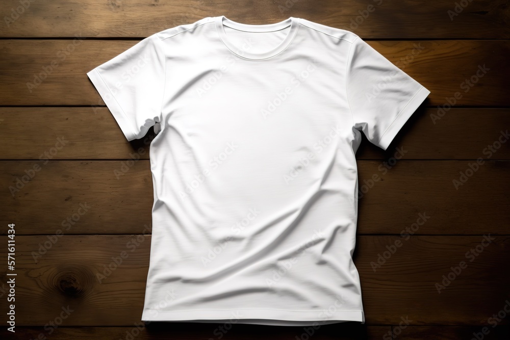 Blank white t-shirt on the top of wooden desk with Generative AI Blank white t-shirt on the top of wooden desk with Generative AI