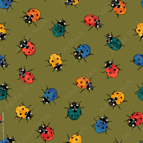 Hand drawn colourful cartoon ladybugs seamless pattern for fabric, stationery, notebook cover or print material. © Natalie