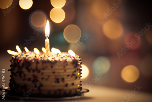 A birthday cake with candle lighting placed on table with light bokeh background. Generative Ai image.