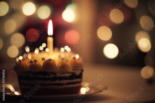 A birthday cake with candle lighting placed on table with light bokeh background. Generative Ai image.