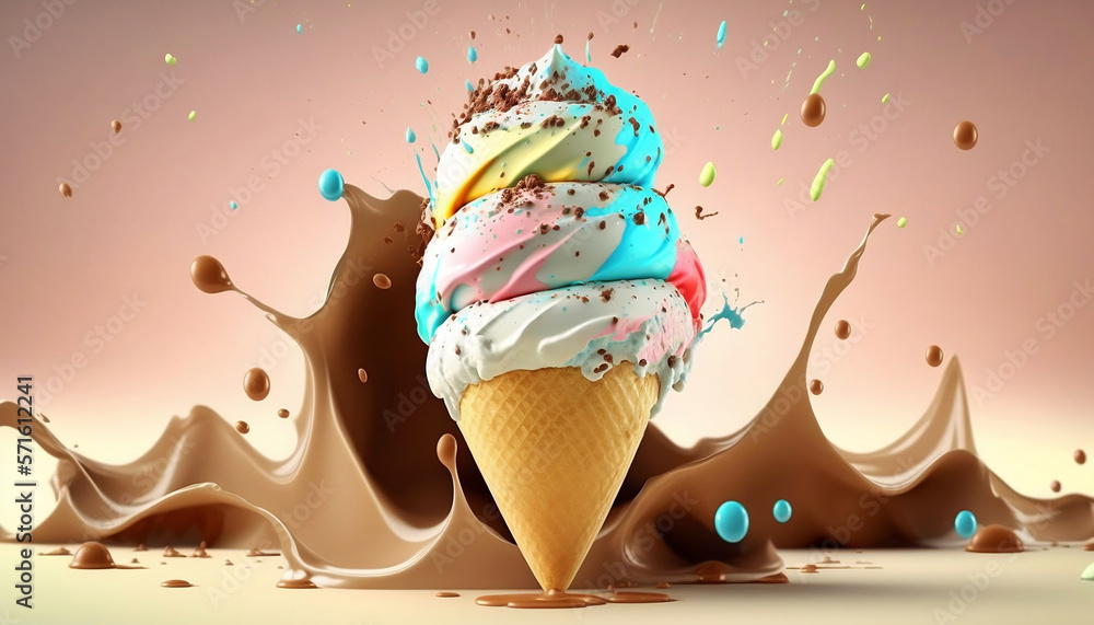 Curled ice cream in a cone with chocolate. Dynamic background with crushed ice cream. Melting