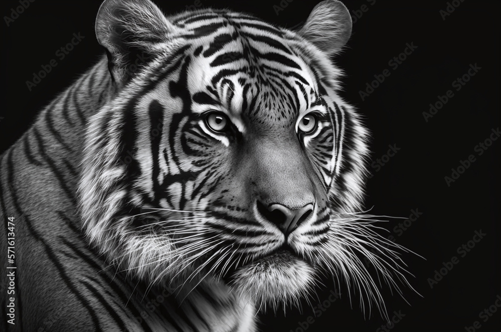 Black and white head portrait of a tiger