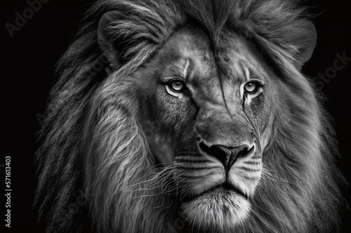 Black and white head portrait of a lion