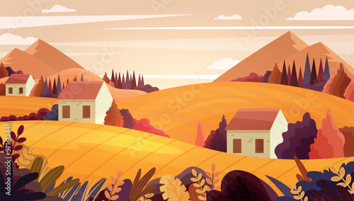 Rural landscape concept. Autumn season  fields and hills and small village. Forest with orange leaves on bushes and trees. Beautiful natural panorama  agriculture. Cartoon flat vector illustration