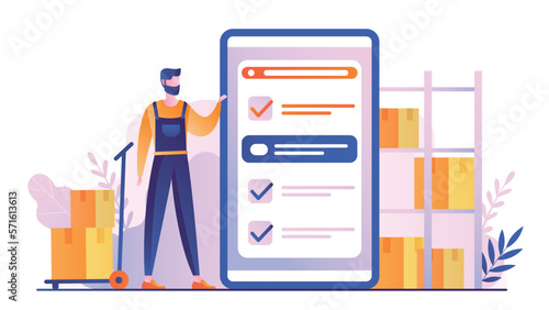 Supply online service. Man with smartphone in warehouse with goods, logistics and parcel sorting. Home delivery and transportation.
