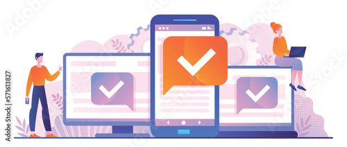 Targeting from devices. Man and woman designing for smartphone, tablet and computer. Marketing and advertising on Internet. Online promotion of goods and products. Cartoon flat vector illustration