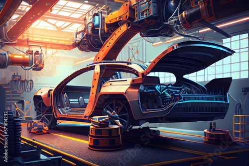Automotive industry with assembly line conveyors. Advance modern high-tech vehicle assembly plant. Robotic arm welding bodywork, car frame. Generative AI