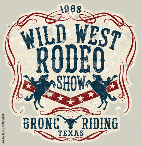 Wild west rodeo horse show vintage vector artwork for boy wear grunge effect in separate layers