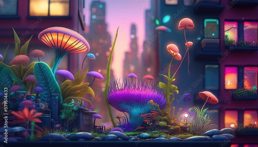  a painting of a city at night with mushrooms and plants in the foreground and a building in the background with windows lit up at night.  generative ai