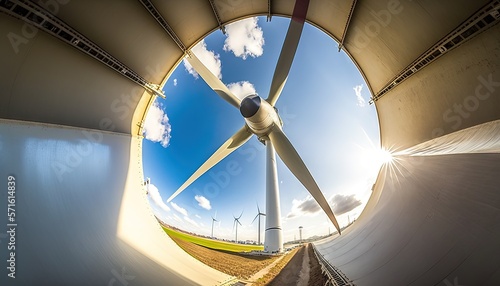  a wind turbine is seen through a circular window of a wind turbine farm in a rural area of the united states  on a sunny day with a blue sky and white clouds.  generative ai