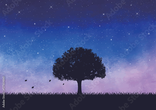 水彩の夜空と星と草原の木シンボルツリー風景
