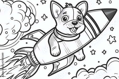 Coloring page for kids  cute dog riding a rocket ship in the air