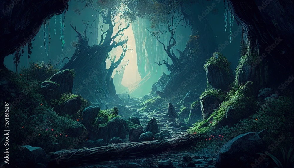 Deep forest fantasy backdrop illustration with Generative AI