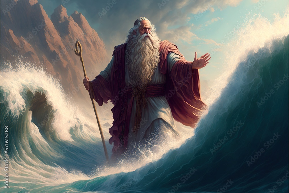 a dramatic fictional illustration of Moses parting the sea Stock ...