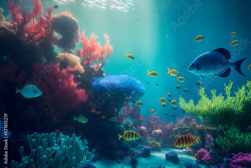 Aqua scene with corals and many fish on blue underwater background. Neural network generated art photo