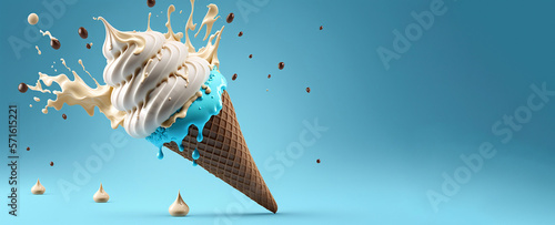 Ice cream cone close-up on a wafer with chocolate topping. Blue color with a forest or berry, blueberry flavor. Sweet dessert decorated with colorful sprinkles, closeup. Copy space. Generative AI. photo