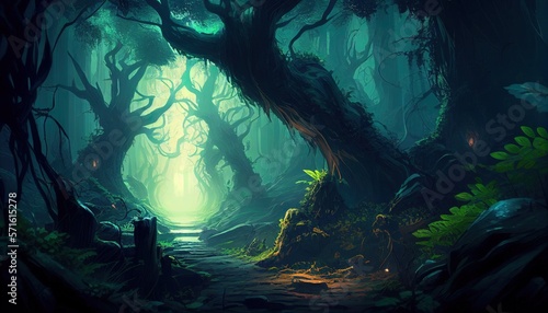 Deep forest fantasy backdrop painting illustration with Generative AI