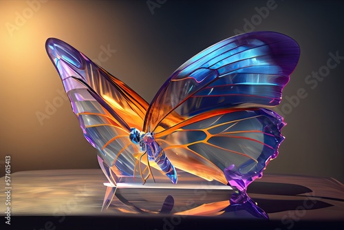 Beautiful crystal butterfly closeup with sunrays. Glass transparent magical creature, glassy wings generative ai design photo