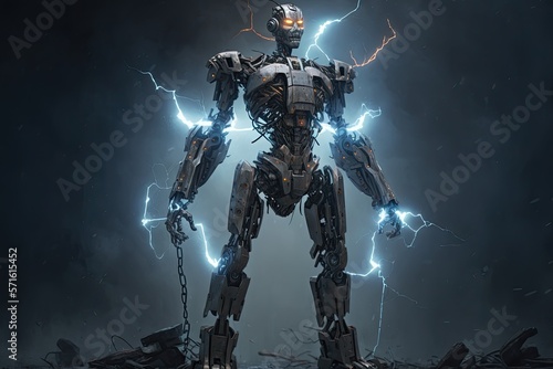 Rise of machines, robot and lightening. Cyborg portrait on dark background, generative ai design