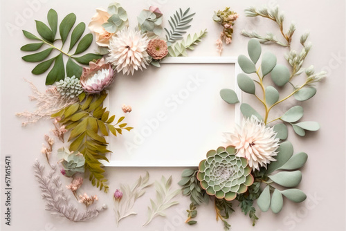 Beautiful floral frame of pastel flowers and eucalyptus leaves on white table top view, Generative AI

