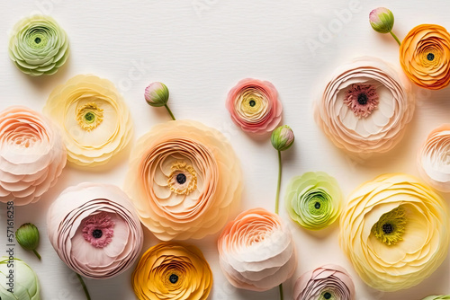 Beautiful spring Ranunculus flowers on white table from above. Floral border, Generative AI