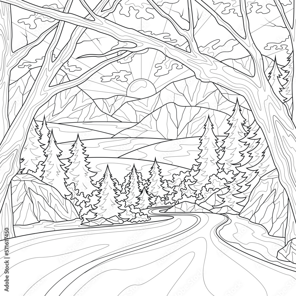 Road among the mountains.Coloring book antistress for children and adults. Illustration isolated on white background.Zen-tangle style.
