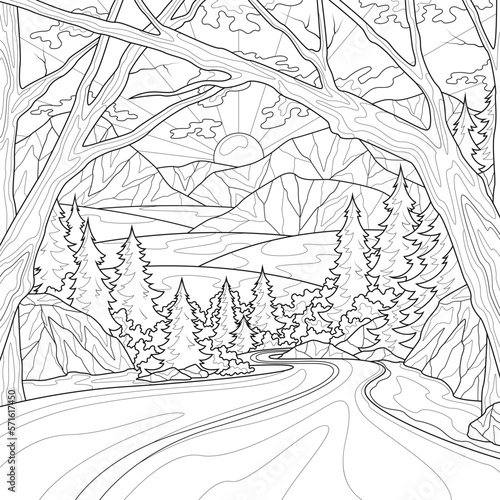 Road among the mountains.Coloring book antistress for children and adults. Illustration isolated on white background.Zen-tangle style.