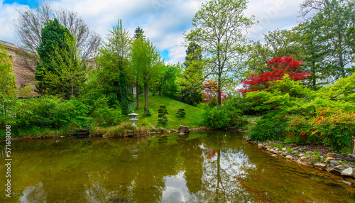Fototapeta Naklejka Na Ścianę i Meble -  Beautiful trees and flowers in the Japanese garden in the Budapest Zoo in Hungary. Spring green landscape