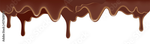 Dripping melted brown chocolate, 3D vector illustration.