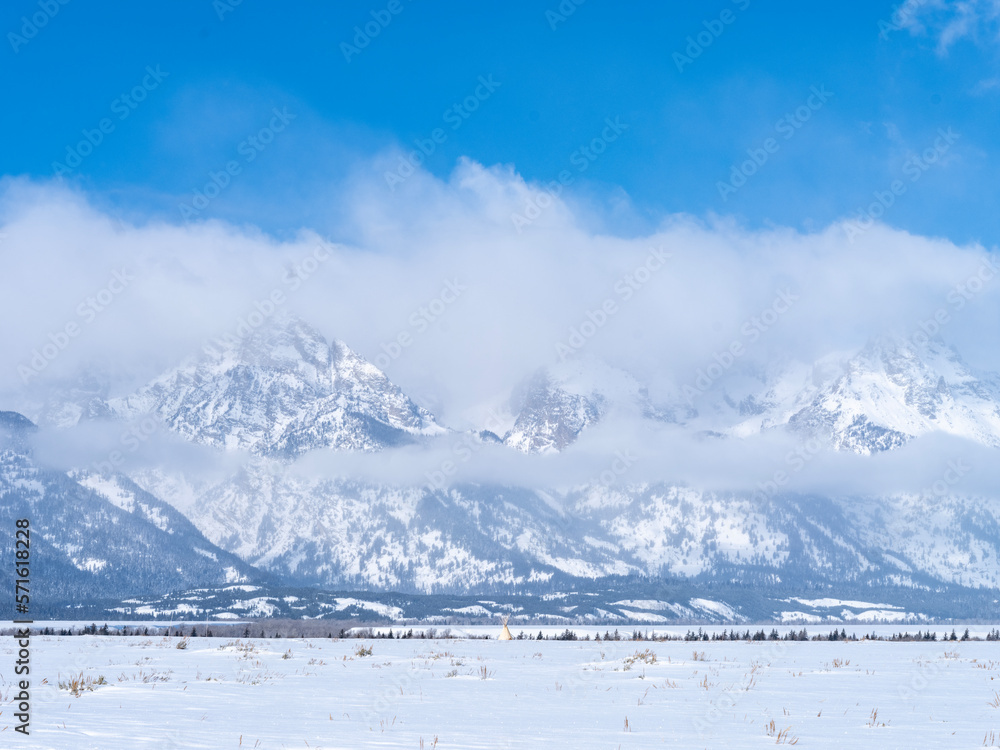 Teton Mountain Range Shrouded in Clouds.Grand Teton National Park,Wyoming,USA
