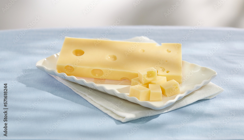 cheese on a white plate. dairy product on a light background. pieces of cheese next to the whole on a light background. snack under sunlight