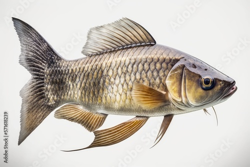 Closeup of a freshwater fish on a white background. A member of the Cyprinidae family of fish, the grass carp has the type species Ctenopharyngodon idella. Generative AI photo