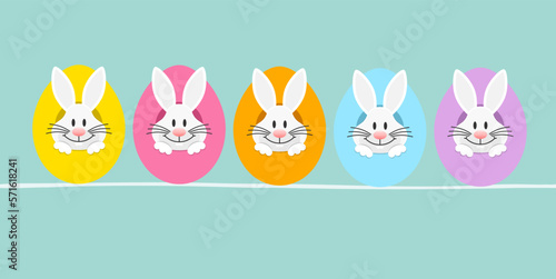 Banner 5 Weiße Osterhasen In Ostereiern Von Vorn Türkis
