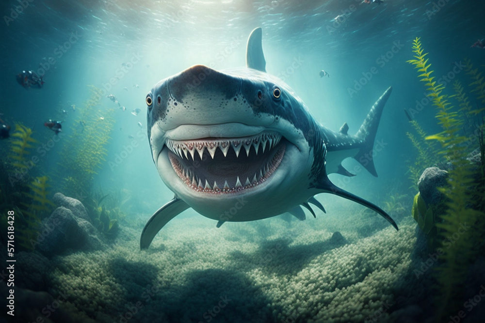 Obraz premium Happy big shark underwater on a reef background, generated ai