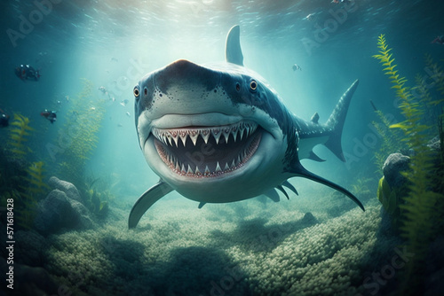 Happy big shark underwater on a reef background, generated ai © Creative Team