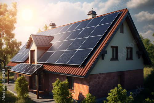 Photovoltaic solar panels mounted on building roof for producing clean ecological electricity, production of renewable energy concept, solar cell on roof to create clean electric, generated ai
