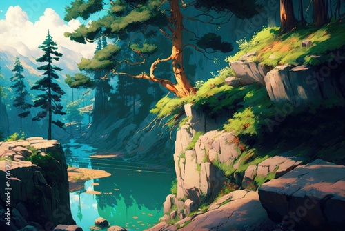 Unexplored wilderness of conifer pine trees growing on rocky cliffs  river streams flowing into a vast lake. Rugged terrain and lush green vegetation - generative AI. 