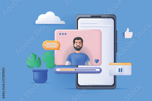 Mobile video player concept 3D illustration. Icon composition with mobile software for viewing video content, live broadcasts, blogs, trainings and webinars. Vector illustration for modern web design