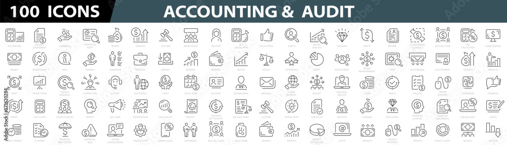 Accounting and audit icon set. Taxes and accounting line icons collection. Check and audit line icons collection. Containing financial statement, accountant, financial audit.  Vector illustration - obrazy, fototapety, plakaty 