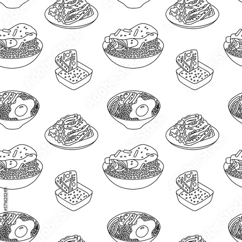 Korean food seamless pattern. Pajeon, kimchi, kalbi, bibimbap. Vector outline illustration for menu, packaging design.