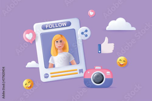 Social media concept 3D illustration. Icon composition with happy woman posting photo, content post in blog, emoji and likes, sharing links and follow. Vector illustration for modern web design