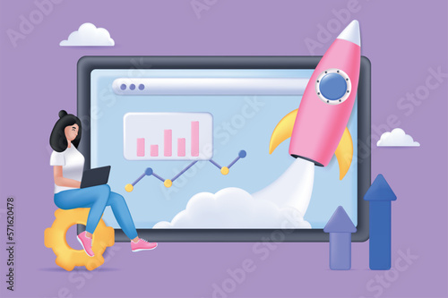 Startup concept 3D illustration. Icon composition with businesswoman developing new business, analyzing data and charts, growth arrows on computer screen. Vector illustration for modern web design