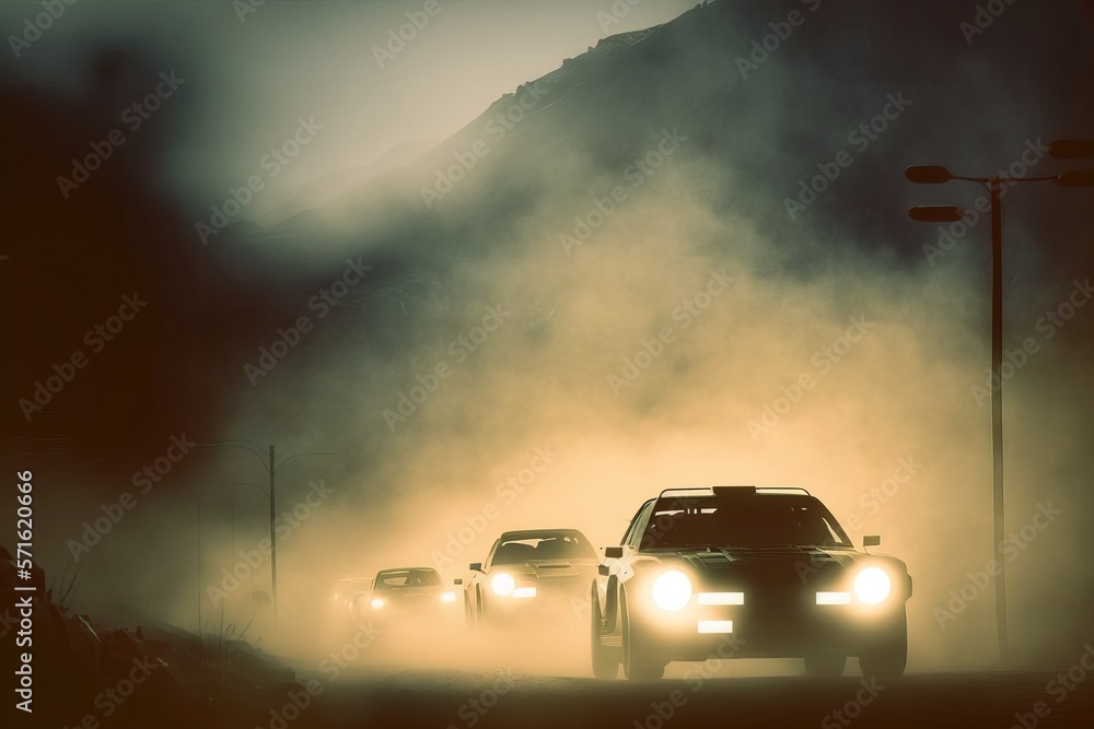 Car rally with mountain fog background in black and white generative ai