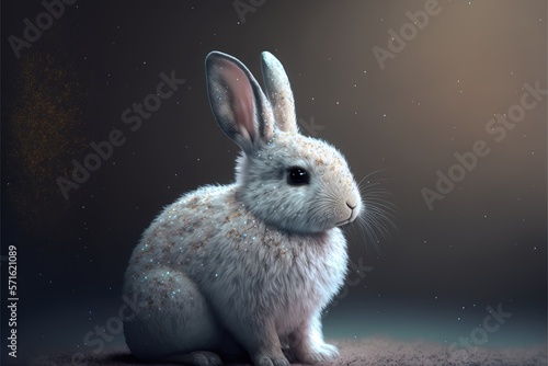 Cute white rabbit sitting on a dark background © Олег Фадеев