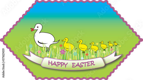 Sticker with an image of an Easter theme, an adult goose with goose feathers. Spring picture with a row of geese in a decorative frame on a meadow, label isolated. Vector, png, jpg. photo